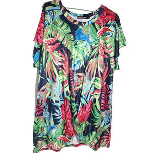 GLITZY GIRLZ ladies Multi-Colored Leaf Design Short Sleeve Blouse Split Hem NWOT